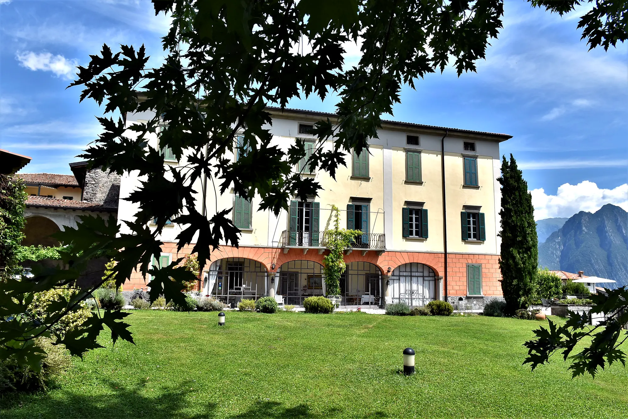 The house seen from the lawn, through the branches, with the mountains behind